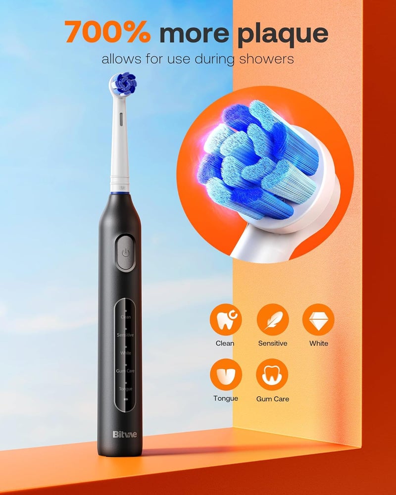 Bitvae Water Dental Flosser Teeth Picks, Cordless Water Flosser for Teeth, Braces, Dental Care and Rechargeable Rotary Electric Toothbrush Combo Set, 4 Tips, 4 Brush Heads, Waterproof, Black, C5+R1 - Image 5